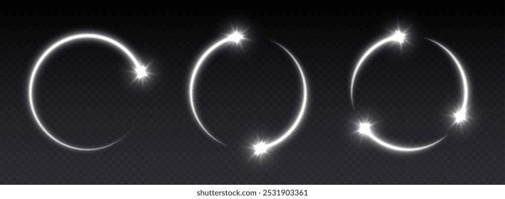 Glowing white shooting star circles with sparkles, light frames, stars in circular motion, abstract shiny rings with particles. Vector illustration.