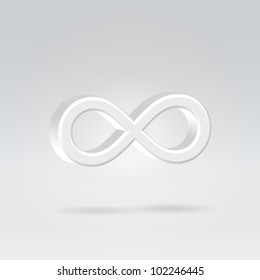 Glowing white silver bright infinity symbol 3d closeup backlit hanging in space