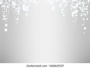 Glowing white snow flakes christmas background. Actual winter flying silver snowflake overlay template.Subtle flying snow on light grey background.