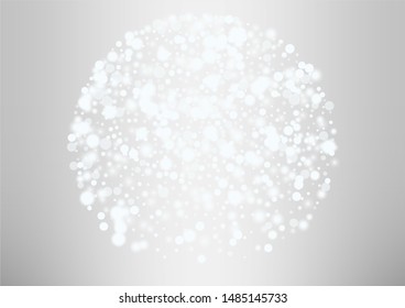 Glowing white snow flakes christmas background. Actual winter flying silver snowflake overlay template.Subtle flying snow on light grey background.