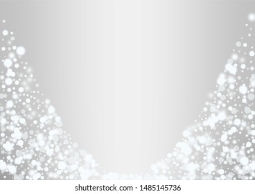 Glowing white snow flakes christmas background. Actual winter flying silver snowflake overlay template.Subtle flying snow on light grey background.