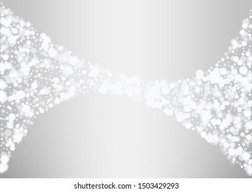 Glowing white snow flakes christmas background. Actual winter flying silver snowflake overlay template.Subtle flying snow on light grey background.