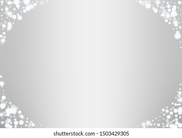 Glowing white snow flakes christmas background. Actual winter flying silver snowflake overlay template.Subtle flying snow on light grey background.