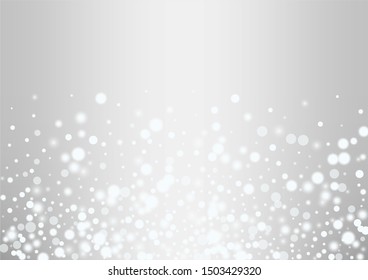 Glowing white snow flakes christmas background. Actual winter flying silver snowflake overlay template.Subtle flying snow on light grey background.