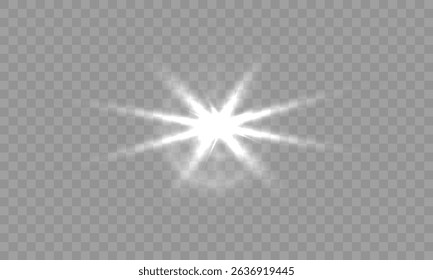 Glowing white sparkle with sun flare, brilliant flash and magical ray, fantasy light effect with bright burst, abstract dust and lens glare, illuminated background for holiday vector illustration

