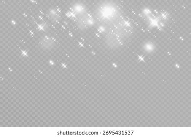 Brillos blancos brillantes y efecto de luz brillante sobre fondo transparente oscuro, superposición de polvo mágico bokeh festivo, diseño de decoración de partículas de estrella brillante.