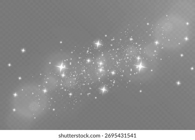 Glänzende weiße Funkeln und glitzernder Lichteffekt auf dunklem, transparentem Hintergrund, festliches Bokeh-Zauberstaub-Overlay, leuchtende Sternteilchen Dekorationsdesign.