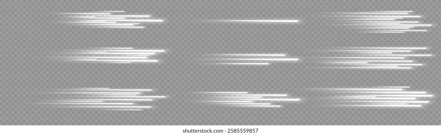 Glowing white speed lines. High speed. White motion speed and movement. Dynamic lines or rays. Light trail wave, fire path trace line. swirling filament curve. Road