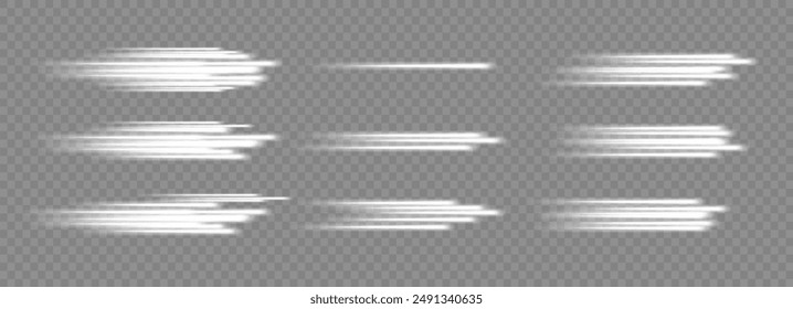 Glowing white speed lines. Motion High speed speed and blur. Dynamic lines. Light wave. Vector
