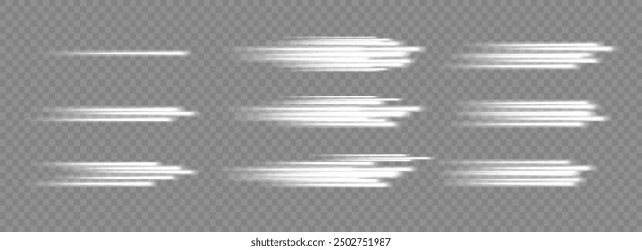 Glowing white speed lines. Motion High speed speed and blur. Dynamic lines. Light wave. Vector