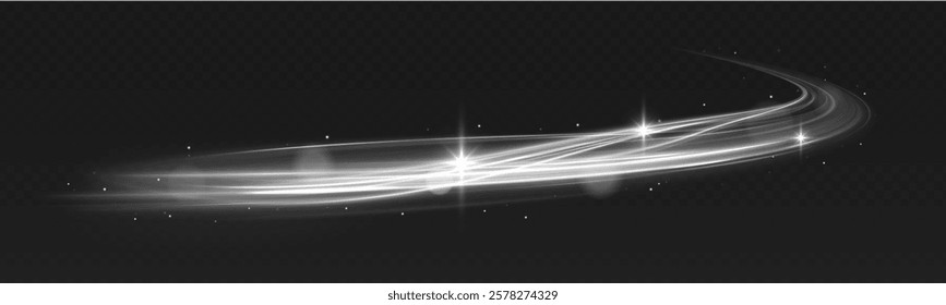 Glowing white spiral on transparent background for Christmas card and banner design. White fast speed trail with sparkles on dark background. Twist white line.	