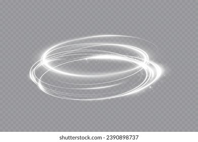 Glowing white spiral. Speed ​​abstract lines effect. Rotating shiny rings. Glowing circular lines. Glowing ring trail. Vector.	