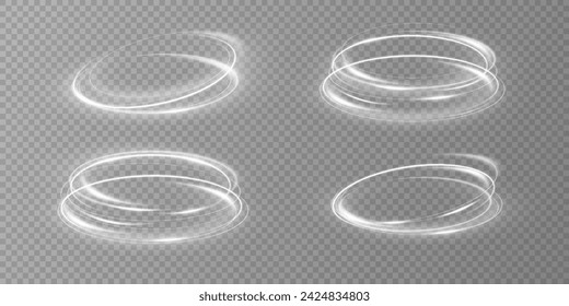 Glowing white spiral. Speed ​​abstract lines effect. Rotating shiny rings. Glowing circular lines. Glowing ring trail. Vector.	
