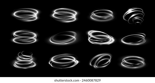Glowing white spiral. Speed ​​abstract lines effect. Rotating shiny rings. Glowing circular lines. Glowing ring trail. Vector.	