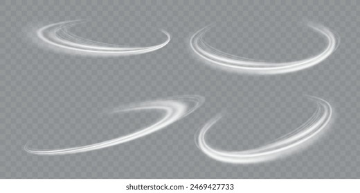 Glowing white spiral. Speed ​​abstract lines effect. Rotating shiny rings. Glowing circular lines. Glowing ring trail. Vector.