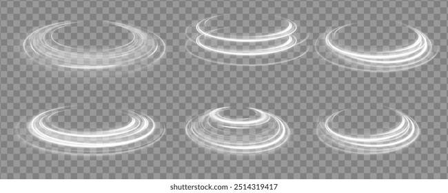Glowing white spiral. Speed ​​abstract lines effect. Rotating shiny rings. Glowing circular lines. Glowing ring trail. Vector.	