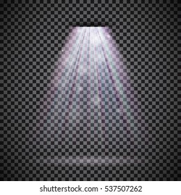 Glowing white spotlights. Half transparent illumination stage lights. Shining lamps. Vector illustration for your graphic design.