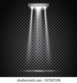 Glowing white spotlights. Half transparent illumination stage lights. Shining lamps. Vector illustration for your graphic design.