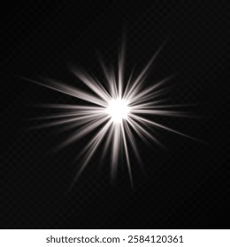 Glowing white starburst light effect on a dark background. Radiating beams create a luminous flare, symbolizing energy, illumination, and futuristic design. Sci-fi, digital effects, abstract themes