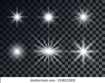 Glowing white stars, lights, flashlight. Explosion effect. Objects on an isolated transparent background.