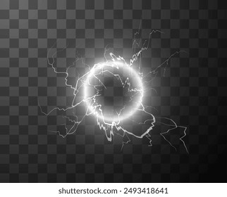 Glowing white thunder circle with electric sparks on transparent background. Vector illustration of energy ring with lightning effects, creating a dynamic and powerful visual impact.