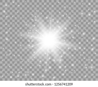 Glowing white transparent light with the dust. Vector Christmas star, a bright flash of light. Glitter element on isolated transparent background. With the possibility of overlay.