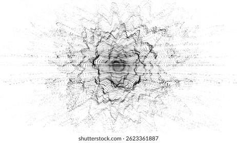 Glowing white wave with motion dots and top view. Abstract digital background. Particle explosion. Concept connection big data. Futuristic technology backdrop. Vector illustration.