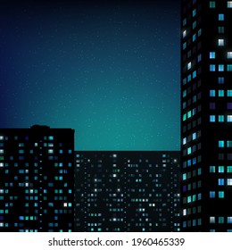 Glowing windows of buildings, stars in night sky. View from window on city night landscape. Light of the windows in tall buildings, starry sky. Abstract background, wallpaper. Vector illustration