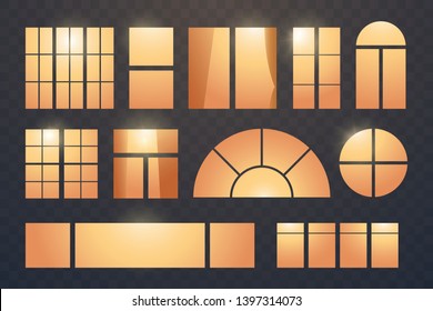 Glowing windows in different shapes for residential building or skyscraper. Set of windows at night isolated on transparent background. Element for your design. Vector illustration.