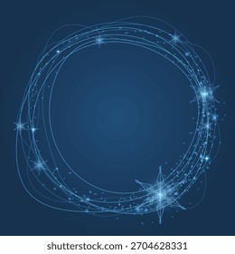 Un marco circular de invierno brillante con copos de nieve brillantes sobre un fondo azul profundo. Elegantes líneas escarchadas, partículas brillantes y un diseño mágico festivo perfecto para tarjetas e invitaciones navideñas