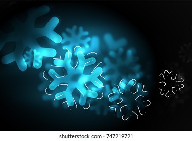 Glowing Winter Snowflakes on dark, Christmas and New Year holiday background. Vector abstract background, blue color