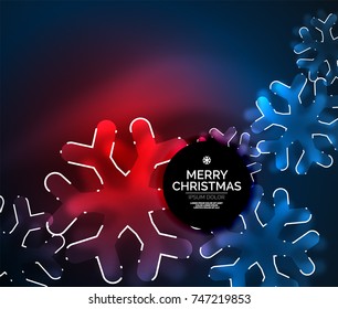 Brillantes copos de nieve en invierno sobre el fondo oscuro, navideño y de Año Nuevo. Fondo abstracto vectorial, colores rojo y azul
