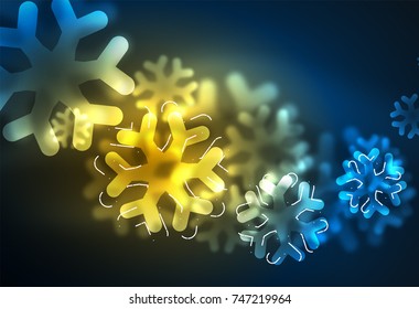 Glowing Winter Snowflakes on dark, Christmas and New Year holiday background. Vector abstract background, yellow and blur colors