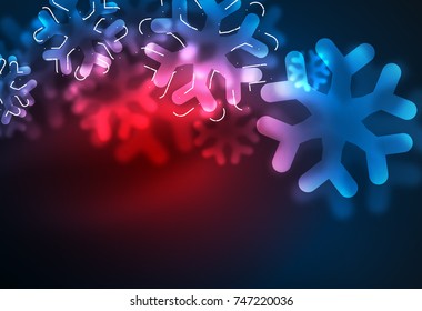 Glowing Winter Snowflakes on dark, Christmas and New Year holiday background. Vector abstract background, red and blue colors