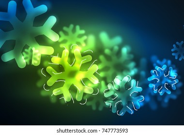 Glowing Winter Snowflakes on dark, Christmas and New Year holiday background. Vector abstract background, green blue colors