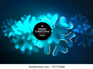 Glowing Winter Snowflakes on dark, Christmas and New Year holiday background. Vector abstract background, blue color