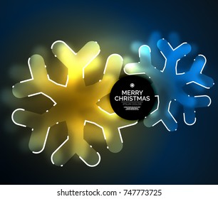 Glowing Winter Snowflakes on dark, Christmas and New Year holiday background. Vector abstract background, yellow and blur colors