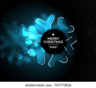 Glowing Winter Snowflakes on dark, Christmas and New Year holiday background. Vector abstract background, blue color
