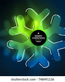 Glowing Winter Snowflakes on dark, Christmas and New Year holiday background. Vector abstract background, green blue colors