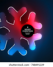 Glühende Winterschneeflocken auf dunklem, Weihnachts- und Neujahrshintergrund. Abstrakter Vektorhintergrund, rote und blaue Farben
