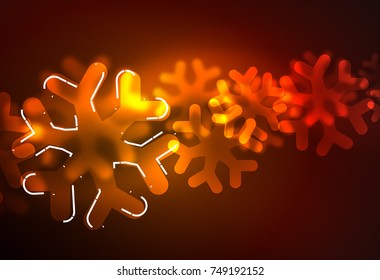 Glowing Winter Snowflakes on dark, Christmas and New Year holiday background. Vector abstract background, orange color