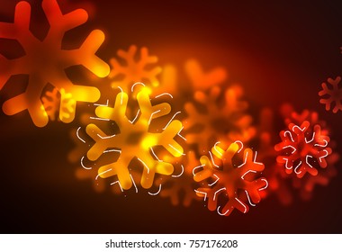Glowing Winter Snowflakes on dark, Christmas and New Year holiday background. Vector abstract background, orange color