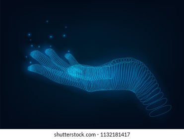 A glowing wire of dots hand, holding or demonstrating something virtual hand, a hologram