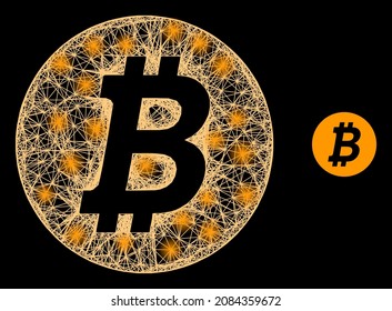 Glowing wire frame bitcoin coin with glowing spots on a black background. Light vector structure based on bitcoin coin symbol, with intersected net and light spots.