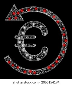 Glowing wire frame euro refund with glowing spots. Vector model generated from euro refund icon, and with crossing lines. Glowing carcass polygonal euro refund on a black background.