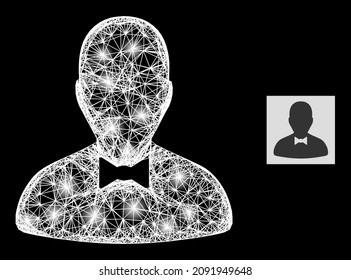 Glowing wire frame gentleman icon with light spots and white mesh on a black background. Light vector model based on gentleman icon, with irregular white net and random light spots.
