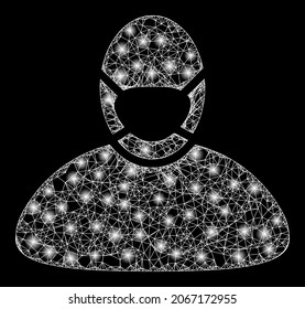 Glowing wire frame masked man with lightspots. Vector frame generated from masked man icon, and from intersected lines. Glowing carcass mesh masked man on a black background.