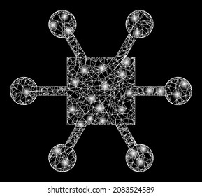 Glastige Drahtknoten mit leuchtenden Flecken. Vektor-Modell generiert aus Knoten Hub-Symbol und mit gekreuzten Linien. Glühende polygonale Knotenpunkte im Schlachtkörper auf schwarzem Hintergrund.