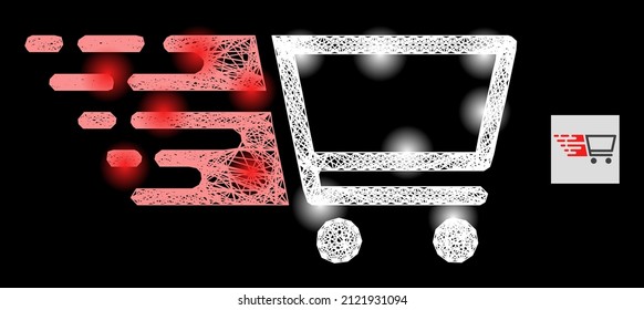 Glowing wire frame shopping cart with glowing spots on a black background. Illuminated vector constellation is based on shopping cart picture, with intersected mesh and light spots.