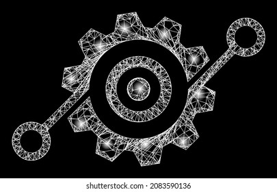 Glowing wire frame smart gearwheel with glowing spots. Vector grid created from smart gearwheel icon, and from intersected lines. Constellation frame polygonal smart gearwheel on a black background.